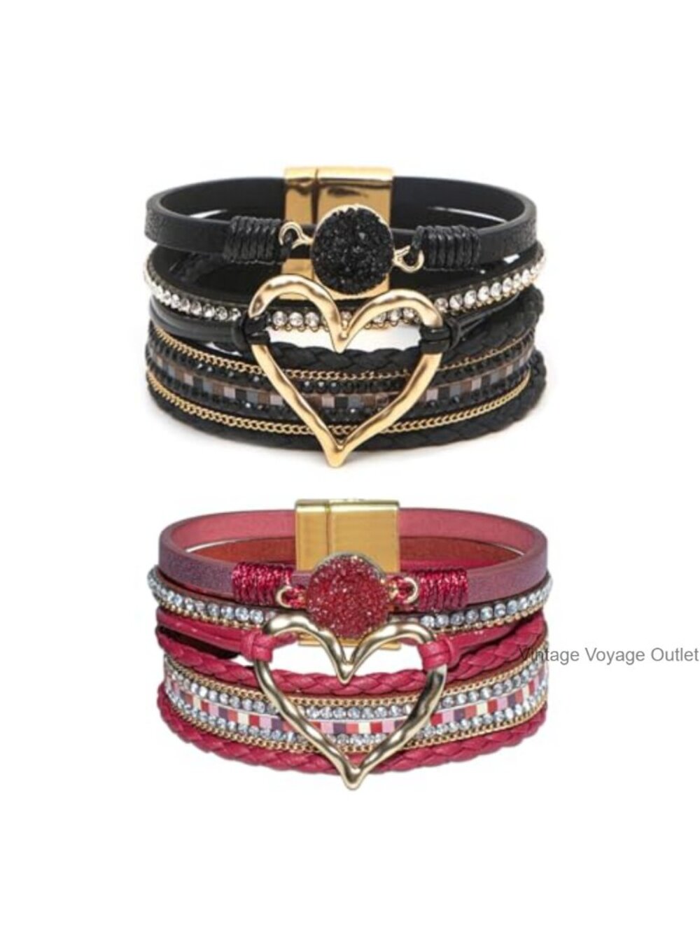 Boho Woven Leather Wrap Bracelet Set Gold Heart Rhinestone Cuff Stackable